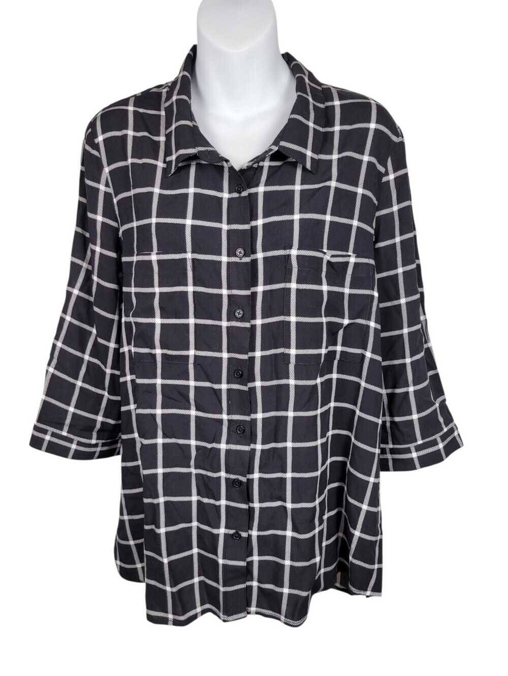 2/$20 Reitmans Black & White Plaid Pattern Buttons Down Shirt Top Size: Large